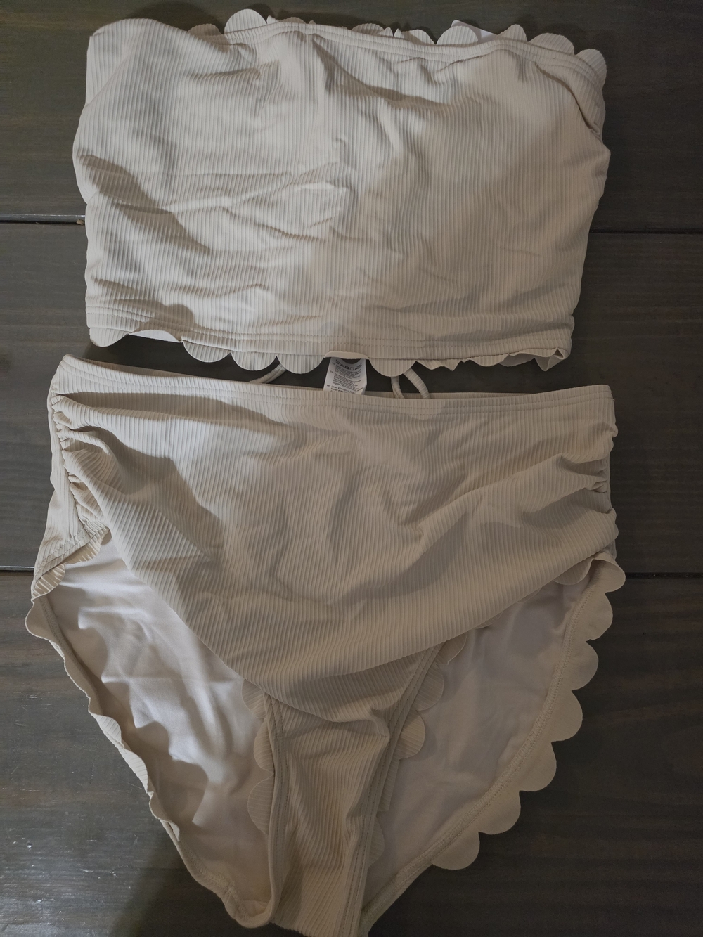 Scalloped Ribbed Bandeau Bikini Set in Light Beige